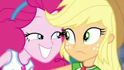 Size: 1920x1080 | Tagged: safe, derpibooru import, screencap, applejack, pinkie pie, do it for the ponygram!, equestria girls, equestria girls series, spoiler:eqg series (season 2), do not want, evil grin, grin, personal space invasion, smiling