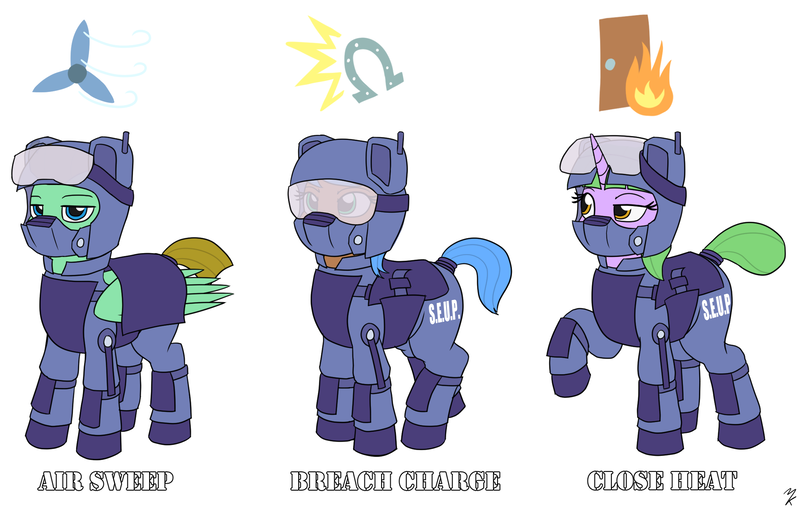 Size: 2200x1400 | Tagged: safe, artist:mkogwheel, derpibooru import, oc, oc:air sweep, oc:breach charge, oc:close heat, unofficial characters only, earth pony, pegasus, pony, unicorn, armor, cutie mark, female, helmet, male, mare, operator, royal guard, seup guard, stallion, trio