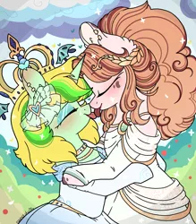 Size: 2092x2390 | Tagged: safe, artist:myfantasy08, derpibooru import, oc, oc:lemonade echonnus, oc:lemonade honey, earth pony, pony, unicorn, abstract background, bat wings, blushing, boop, clothes, cloud, couple, crown, dress, duo, ear blush, ear fluff, ear piercing, earring, female, heart, horn, horn ring, jewelry, makeup, marriage, married, necklace, noseboop, petals, piercing, regalia, ring, transsexual, wedding dress, wings