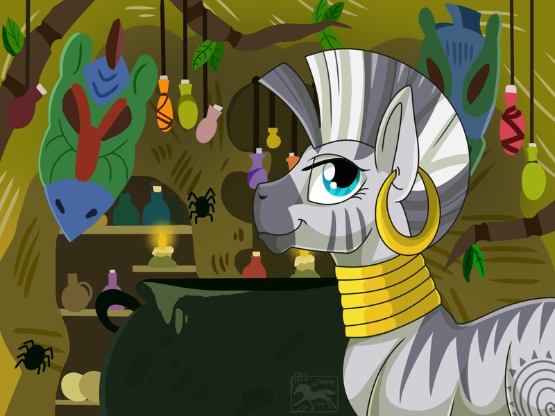 Size: 1280x960 | Tagged: artist:jenery, candle, cauldron, derpibooru import, ear piercing, earring, female, jewelry, neck rings, piercing, profile, quadrupedal, safe, signature, smiling, solo, zebra, zecora, zecora's hut