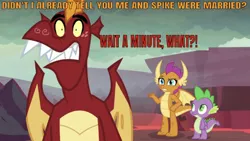 Size: 636x359 | Tagged: caption, derpibooru import, dragon, dragoness, edit, edited screencap, editor:undeadponysoldier, female, garble, garble is triggered, image macro, male, married, married couple, meme, safe, screencap, shipping, smolder, spike, spolder, straight, sweet and smoky, text, this will not end well, triggered, winged spike