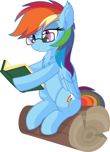 Size: 5507x7554 | Tagged: safe, artist:cyanlightning, derpibooru import, rainbow dash, pegasus, pony, .svg available, absurd resolution, adorkable, book, chest fluff, cute, dashabetes, dork, ear fluff, egghead dash, female, folded wings, glasses, log, mare, nerd, reading, reading rainboom, simple background, sitting, smiling, solo, transparent background, vector, wing fluff, wings