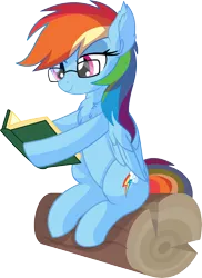 Size: 5507x7554 | Tagged: safe, artist:cyanlightning, derpibooru import, rainbow dash, pegasus, pony, .svg available, absurd resolution, adorkable, book, chest fluff, cute, dashabetes, dork, ear fluff, egghead dash, female, folded wings, glasses, log, mare, nerd, reading, reading rainboom, simple background, sitting, smiling, solo, transparent background, vector, wing fluff, wings