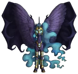 Size: 800x756 | Tagged: safe, artist:systemf4ilure, derpibooru import, nightmare moon, alicorn, pony, ethereal mane, ethereal tail, female, glowing eyes, hybrid wings, large wings, looking at you, mare, redesign, signature, simple background, solo, transparent background, wings