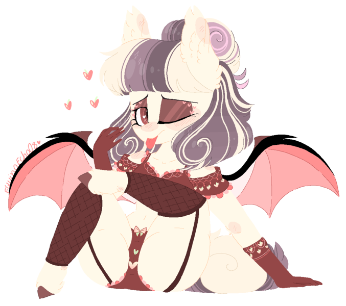 Size: 1200x1064 | Tagged: suggestive, artist:myfantasy08, derpibooru import, oc, oc:peach lovin, unofficial characters only, anthro, succubus, unguligrade anthro, anthro oc, bat wings, brown underwear, clothes, colored wings, ear fluff, frilly underwear, garters, gloves, heart, heart eyes, heart print underwear, hoof fluff, makeup, multicolored mane, multicolored tail, multicolored wings, one eye closed, panties, pixel art, ponytail, red underwear, ribbon, socks, solo, spread wings, stockings, thigh highs, tongue out, underwear, wingding eyes, wings, wink