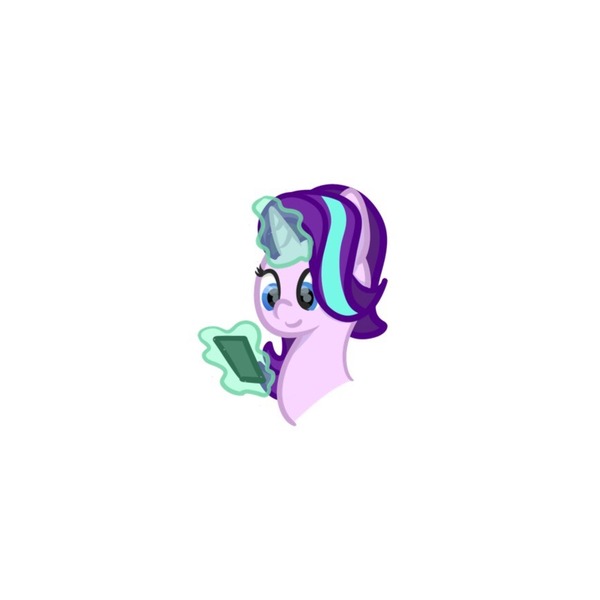 Size: 868x868 | Tagged: safe, artist:badponyvectors, derpibooru import, starlight glimmer, pony, unicorn, bust, female, glowing horn, horn, looking at something, magic, mare, phone, simple background, smiling, solo, telekinesis, tiny, white background