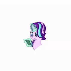 Size: 868x868 | Tagged: safe, artist:badponyvectors, derpibooru import, starlight glimmer, pony, unicorn, bust, female, glowing horn, horn, looking at something, magic, mare, phone, simple background, smiling, solo, telekinesis, tiny, white background