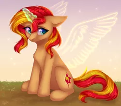 Size: 2400x2100 | Tagged: safe, artist:avrameow, derpibooru import, sunset shimmer, pony, unicorn, angel, artificial wings, augmented, cute, cutie mark, female, glowing horn, horn, looking at you, magic, magic wings, mare, shimmerbetes, sitting, solo, wings