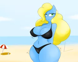 Size: 1280x1021 | Tagged: anthro, anthro oc, artist:angelthecatgirl, beach, beach umbrella, big breasts, bikini, blushing, breasts, cleavage, clothes, curvy, derpibooru import, hands behind back, hourglass figure, oc, ocean, oc:pixie, sand, solo, suggestive, swimsuit, wide hips