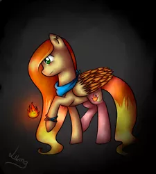 Size: 1024x1138 | Tagged: safe, artist:thelivingnote, derpibooru import, oc, oc:fire shobat, unofficial characters only, pegasus, pony, dark background, digital art, female, fire, green eyes, mare, solo, two toned wings, wings