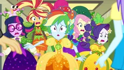 Size: 1280x720 | Tagged: safe, derpibooru import, screencap, aqua blossom, fluttershy, rainbow dash, rarity, sandalwood, sci-twi, sunset shimmer, twilight sparkle, equestria girls, equestria girls series, holidays unwrapped, spoiler:eqg series (season 2), clothes, cornucopia costumes, costume, inflatable, inflatable dress, o come all ye squashful, plusplus, rainbow dash always dresses in style