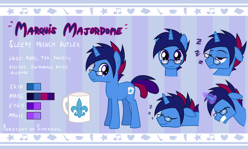 Size: 4134x2480 | Tagged: safe, artist:earth_pony_colds, derpibooru import, oc, oc:marquis majordome, unofficial characters only, pony, unicorn, cutie mark, glasses, glowing horn, horn, male, onomatopoeia, reference sheet, show accurate, sleeping, sound effects, stallion, zzz