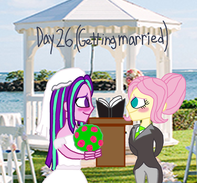 Size: 2000x1857 | Tagged: safe, artist:bigpurplemuppet99, derpibooru import, aria blaze, fluttershy, equestria girls, 30 day otp challenge, ariashy, clothes, dress, female, flutterblaze, lesbian, marriage, shipping, tuxedo, wedding, wedding dress