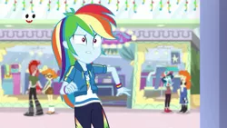 Size: 1280x720 | Tagged: safe, derpibooru import, screencap, crimson napalm, golden hazel, ink jet, rainbow dash, scribble dee, equestria girls, equestria girls series, holidays unwrapped, spoiler:eqg series (season 2), background human, boots, canterlot mall, cap, clothes, dressup, female, geode of super speed, glasses, hat, holding hands, magical geodes, male, pants, plusplus, shoes, skirt