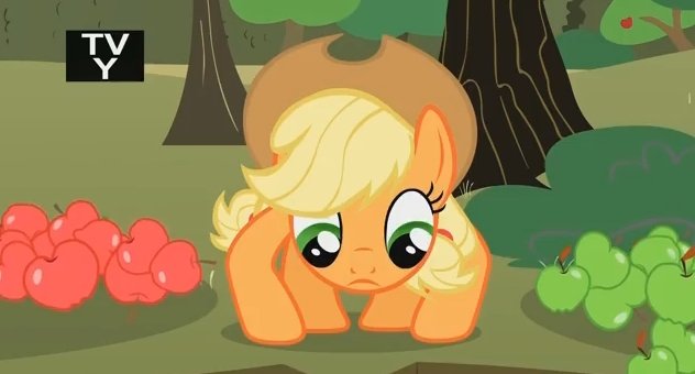 Size: 632x340 | Tagged: safe, derpibooru import, screencap, applejack, crab pony, pony, the return of harmony, apple, apple tree, food, looking down, meme, solo, tree, tv rating, tv-y