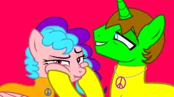 Size: 1024x573 | Tagged: safe, artist:angrybeavers1997, derpibooru import, oc, oc:bella pinksavage, oc:ryan, unofficial characters only, pony, annoyed, bodysuit, brother and sister, brotherly love, catsuit, cheek squish, cute, female, hippie, jewelry, latex, latex suit, male, necklace, peace suit, peace symbol, rubber suit, siblings, squishy cheeks