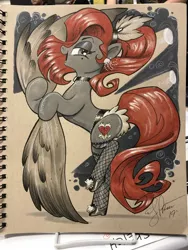 Size: 1536x2048 | Tagged: safe, artist:andypriceart, derpibooru import, oc, earth pony, pony, burlesque, choker, ear piercing, earring, female, fishnets, jewelry, mare, piercing, traditional art