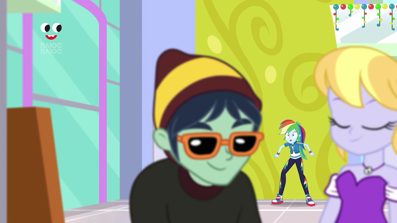 Size: 1280x720 | Tagged: safe, derpibooru import, screencap, cloudy kicks, rainbow dash, waldo whereabout, equestria girls, equestria girls series, holidays unwrapped, spoiler:eqg series (season 2), canterlot mall, clothes, converse, dashing through the mall, geode of super speed, glasses, magical geodes, pants, plusplus, shoes, smiling, sneakers