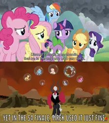 Size: 2160x2430 | Tagged: alicorn, applejack, caption, continuity error, derpibooru import, discord, edit, edited screencap, fluttershy, image macro, leak, lord tirek, mane seven, mane six, pinkie pie, rainbow dash, rarity, safe, screencap, spike, text, the ending of the end, twilight's kingdom, twilight sparkle, twilight sparkle (alicorn)