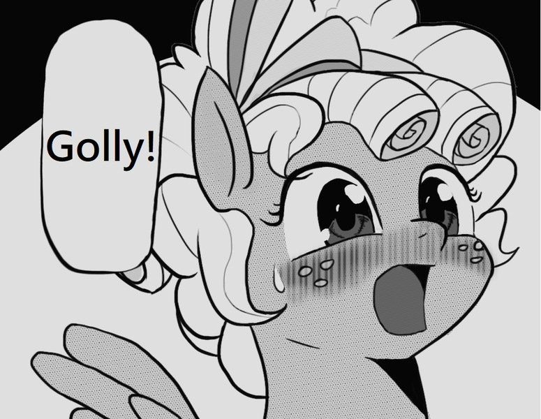 Size: 992x768 | Tagged: safe, artist:tkuroneko, derpibooru import, edit, cozy glow, pony, /mlp/, blushing, cozybetes, cute, drawthread, female, filly, golly, manga, monochrome, offset, open mouth, simple background, solo