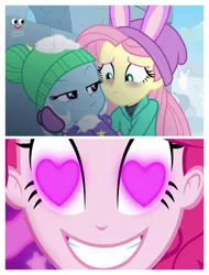 Size: 3106x4096 | Tagged: safe, derpibooru import, edit, screencap, fluttershy, pinkie pie, trixie, coinky-dink world, eqg summertime shorts, equestria girls, equestria girls series, holidays unwrapped, spoiler:eqg series (season 2), female, fluttershy's winter hat, hat, lesbian, meme, pinkie the shipper, pinkie's eyes, plusplus, shipping, trixieshy, winter hat