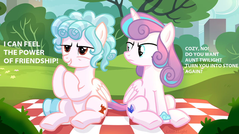 Size: 1920x1080 | Tagged: safe, artist:lilith1light, derpibooru import, cozy glow, princess flurry heart, alicorn, pegasus, pony, the ending of the end, alternate hairstyle, bracelet, bush, dialogue, evil grin, female, flower, frown, grass, grin, jewelry, mare, older, older cozy glow, older flurry heart, outdoors, picnic, picnic blanket, raised hoof, sitting, smiling, tree, unamused, wristband