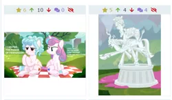 Size: 526x306 | Tagged: safe, artist:lilith1light, derpibooru import, edit, edited screencap, screencap, cozy glow, lord tirek, princess flurry heart, queen chrysalis, centaur, changeling, pegasus, pony, derpibooru, the ending of the end, cobble glow, cropped, female, filly, juxtaposition, legion of doom statue, meta, older, older cozy glow, older flurry heart, petrification, picnic, statue