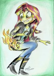 Size: 756x1058 | Tagged: safe, artist:3500joel, derpibooru import, sunset shimmer, equestria girls, burned, burned butt, butt, butt fire, caption, fiery shimmer, fire, irony, literal butthurt, ouch, pain, plot, text, this ended in fire, this will end in pain, traditional art