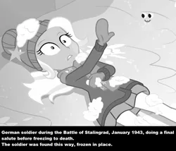 Size: 1320x1130 | Tagged: semi-grimdark, derpibooru import, edit, edited screencap, screencap, trixie, equestria girls, equestria girls series, holidays unwrapped, spoiler:eqg series (season 2), black and white, cropped, fake history, grayscale, monochrome, snow, solo, stalingrad, world war ii