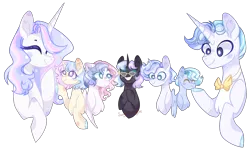 Size: 2458x1482 | Tagged: safe, artist:manella-art, derpibooru import, oc, unofficial characters only, pegasus, pony, unicorn, bowtie, chest fluff, colt, eyes closed, female, filly, hair over one eye, horn, male, mare, pegasus oc, stallion, unicorn oc, wings