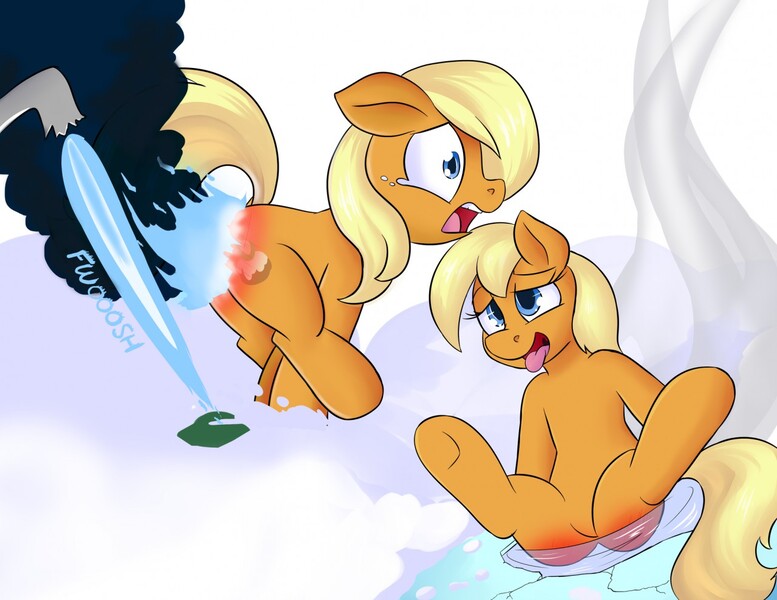 Size: 1280x989 | Tagged: safe, derpibooru import, apple cobbler, earth pony, pony, abuse, apple family member, blowtorch, burned, burned butt, burned butt fetish, butt fire, fetish, fire, frozen pond, ice, literal butthurt, open mouth, pain, relief, teary eyes, tongue out