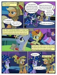 Size: 612x792 | Tagged: safe, artist:newbiespud, derpibooru import, edit, edited screencap, screencap, applejack, carrot top, derpy hooves, golden harvest, spike, twilight sparkle, dragon, earth pony, pegasus, pony, unicorn, comic:friendship is dragons, luna eclipsed, bag, cauldron, comic, devil horns, dialogue, dragon costume, fake beard, female, freckles, frown, hat, looking back, male, mare, mouth hold, oops my bad, raised hoof, sad, scarecrow, screencap comic, smiling, unicorn twilight, wizard hat