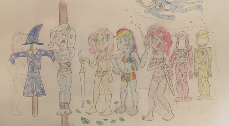 Size: 3373x1857 | Tagged: suggestive, artist:13mcjunkinm, derpibooru import, fluttershy, pinkie pie, rainbow dash, trixie, equestria girls, armor, belly button, blushing, boyshorts, breasts, butterfly underwear, clothes, colored pencil drawing, embarrassed, embarrassed underwear exposure, heart underwear, humiliation, magic, panties, pole tied, rainbow underwear, revenge, starry underwear, sword, tied up, traditional art, underwear, wand, weapon, white underwear