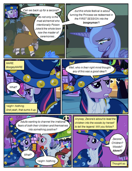 Size: 612x792 | Tagged: safe, artist:newbiespud, derpibooru import, edit, edited screencap, screencap, pinkie pie, pipsqueak, princess luna, twilight sparkle, zecora, pony, unicorn, zebra, comic:friendship is dragons, luna eclipsed, animal costume, bracelet, chicken pie, chicken suit, cloak, clothes, colt, comic, costume, dialogue, fake beard, female, hat, jewelry, looking back, male, mare, neck rings, quadrupedal, raised hoof, s1 luna, sad, screencap comic, star swirl the bearded costume, unicorn twilight, wizard hat