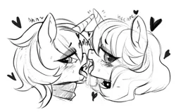 Size: 779x499 | Tagged: suggestive, artist:techycutie, derpibooru import, oc, oc:techy twinkle, oc:velvet swirl, pony, unicorn, bedroom eyes, blushing, clothes, drool, drool string, female, kissing, lesbian, mare, moaning, moaning in pleasure, monochrome, scarf