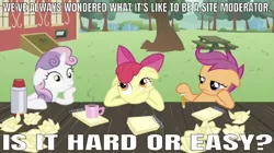 Size: 641x359 | Tagged: safe, derpibooru import, edit, edited screencap, editor:undeadponysoldier, screencap, apple bloom, scootaloo, sweetie belle, earth pony, pegasus, pony, unicorn, bored, bow, caption, coffee, coffee mug, cutie mark crusaders, female, filly, image macro, mods, mug, notepad, pencil, picnic table, ponyville schoolhouse, table, talking to viewer, text, thinking