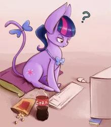 Size: 2079x2378 | Tagged: artist:cookiedesu, behaving like a cat, cat, catified, cola cola, computer mouse, derpibooru import, keyboard, question mark, safe, species swap, twilight cat, twilight sparkle