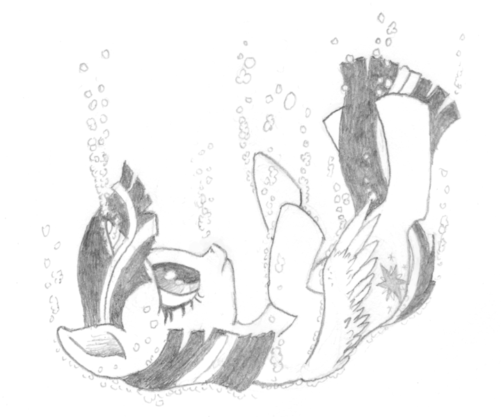 Size: 1151x959 | Tagged: safe, artist:friendshipishorses, derpibooru import, twilight sparkle, twilight sparkle (alicorn), alicorn, pony, asphyxiation, bubble, drowning, monochrome, solo, traditional art, underwater