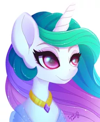 Size: 800x972 | Tagged: safe, artist:twistedcarrot, derpibooru import, princess celestia, alicorn, pony, bust, colored pupils, female, lidded eyes, mare, smiling, solo