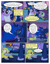 Size: 612x792 | Tagged: safe, artist:newbiespud, derpibooru import, edit, edited screencap, screencap, carrot top, golden harvest, princess luna, spike, star swirl the bearded, twilight sparkle, alicorn, dragon, pony, unicorn, comic:friendship is dragons, luna eclipsed, all fours, background pony, bowing, cloak, clothes, comic, dialogue, dragon costume, ethereal mane, fake beard, female, hat, hoof shoes, male, mare, mouse costume, onomatopoeia, raised hoof, sad, screencap comic, starry mane, unicorn twilight, wizard hat
