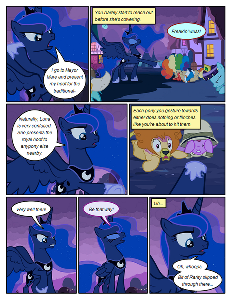 Size: 612x792 | Tagged: safe, artist:newbiespud, derpibooru import, edit, edited screencap, screencap, mayor mare, princess luna, alicorn, earth pony, pony, comic:friendship is dragons, luna eclipsed, all fours, background pony, bowing, clown, clown nose, comic, dialogue, ethereal mane, eyes closed, female, female pov, helmet, hoof shoes, horned helmet, implied rarity, mare, offscreen character, pov, raised hoof, red nose, scared, screencap comic, starry mane, viking helmet