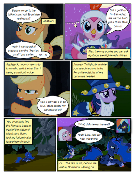 Size: 612x792 | Tagged: safe, artist:newbiespud, derpibooru import, edit, edited screencap, screencap, applejack, nightmare moon, pinkie pie, princess luna, rainbow dash, twilight sparkle, alicorn, earth pony, pegasus, pony, unicorn, comic:friendship is dragons, luna eclipsed, animal costume, bowl, candy, chicken pie, chicken suit, clothes, comic, costume, dialogue, ethereal mane, fake beard, female, food, freckles, frown, goggles, grin, hat, hoof shoes, mare, prone, raised hoof, rearing, sad, screencap comic, shadowbolt dash, shadowbolts, shadowbolts costume, smiling, star swirl the bearded costume, starry mane, statue, unicorn twilight, wizard hat