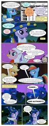 Size: 612x1556 | Tagged: safe, artist:newbiespud, derpibooru import, edit, edited screencap, screencap, applejack, fluttershy, pinkie pie, princess luna, rainbow dash, twilight sparkle, alicorn, earth pony, pegasus, pony, unicorn, comic:friendship is dragons, luna eclipsed, animal costume, chicken pie, chicken suit, cloak, clothes, comic, costume, dialogue, ethereal mane, eyes closed, fake beard, freckles, hat, hoof shoes, raised hoof, screencap comic, star swirl the bearded costume, starry mane, traditional royal canterlot voice, unicorn twilight, wizard hat