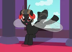 Size: 3108x2268 | Tagged: safe, artist:badumsquish, derpibooru import, oc, oc:tabatha, unofficial characters only, bug pony, fly, fly pony, insect, monster pony, original species, series:equestria and the world, antennae, carpet, cloud, eyeshadow, flying, grin, happy, insect wings, landing, looking at you, makeup, monster mare, palace, queen, red eyes, show accurate, sky, smiling, window, wings