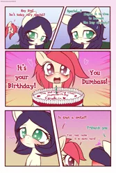 Size: 1600x2400 | Tagged: artist:an-m, birthday, blushing, cake, comic, derpibooru import, dialogue, food, oc, oc:genoveva, oc:mayni, safe, unofficial characters only