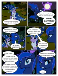 Size: 612x792 | Tagged: safe, artist:newbiespud, derpibooru import, edit, edited screencap, screencap, princess luna, twilight sparkle, alicorn, pony, unicorn, comic:friendship is dragons, luna eclipsed, cloak, clothes, cloud, comic, dialogue, ethereal mane, fake beard, female, flying, forest, full moon, hat, hoof shoes, mare, moon, raised hoof, screencap comic, star swirl the bearded costume, starry mane, traditional royal canterlot voice, unicorn twilight, wizard hat, worried