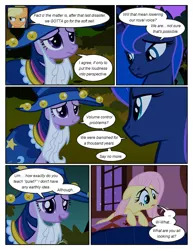 Size: 612x792 | Tagged: safe, artist:newbiespud, derpibooru import, edit, edited screencap, screencap, applejack, fluttershy, princess luna, twilight sparkle, alicorn, earth pony, pegasus, pony, unicorn, comic:friendship is dragons, luna eclipsed, annoyed, bed, cloak, clothes, comic, dialogue, ethereal mane, fake beard, frown, hat, night, sad, screencap comic, star swirl the bearded costume, starry mane, stars, unicorn twilight, wizard hat