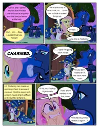 Size: 612x792 | Tagged: safe, artist:newbiespud, derpibooru import, edit, edited screencap, screencap, fluttershy, princess luna, twilight sparkle, alicorn, pegasus, pony, unicorn, comic:friendship is dragons, luna eclipsed, cloak, clothes, comic, dialogue, ethereal mane, fake beard, frown, glowing horn, hat, hoof shoes, horn, levitation, magic, onomatopoeia, scared, screencap comic, star swirl the bearded costume, starry mane, telekinesis, traditional royal canterlot voice, unamused, unicorn twilight, wizard hat