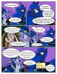 Size: 612x792 | Tagged: safe, artist:newbiespud, derpibooru import, edit, edited screencap, screencap, fluttershy, princess luna, twilight sparkle, alicorn, pegasus, pony, unicorn, comic:friendship is dragons, luna eclipsed, ..., cloak, clothes, comic, dialogue, door, ethereal mane, fake beard, female, hat, hoof shoes, looking back, mare, raised hoof, scared, screencap comic, star swirl the bearded costume, starry mane, traditional royal canterlot voice, unicorn twilight, wizard hat