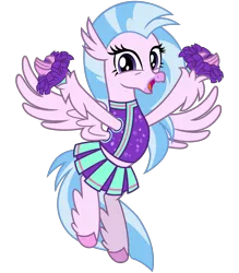 Size: 2800x3200 | Tagged: 2 4 6 greaaat, arms spread out, artist:cheezedoodle96, cheering, cheerleader, cheerleader outfit, cheerleader silverstream, classical hippogriff, clothes, cute, derpibooru import, diastreamies, female, flying, happy, hippogriff, looking at you, moe, open mouth, pleated skirt, pom pom, safe, shirt, silverstream, simple background, skirt, solo, spread wings, svg, .svg available, transparent background, vector, wings